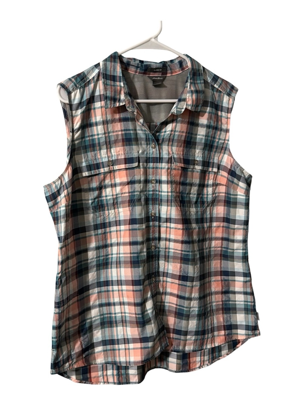 Eddie Bauer Women XL Plaid Sleeveless Button Down Shirt Pink Teal